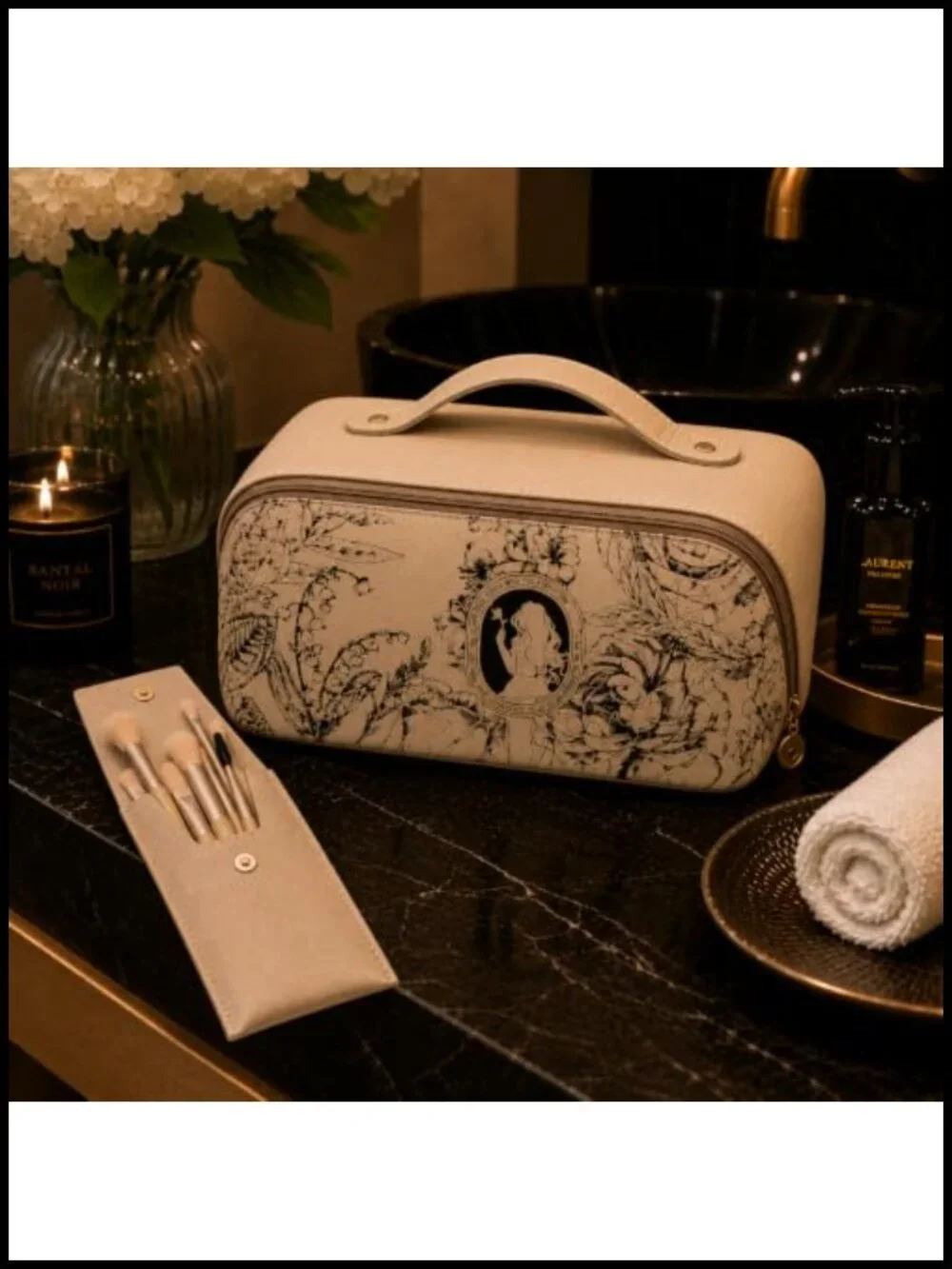 Large Capacity Waterproof PU Leather Travel Makeup Bag with Brush Pouch